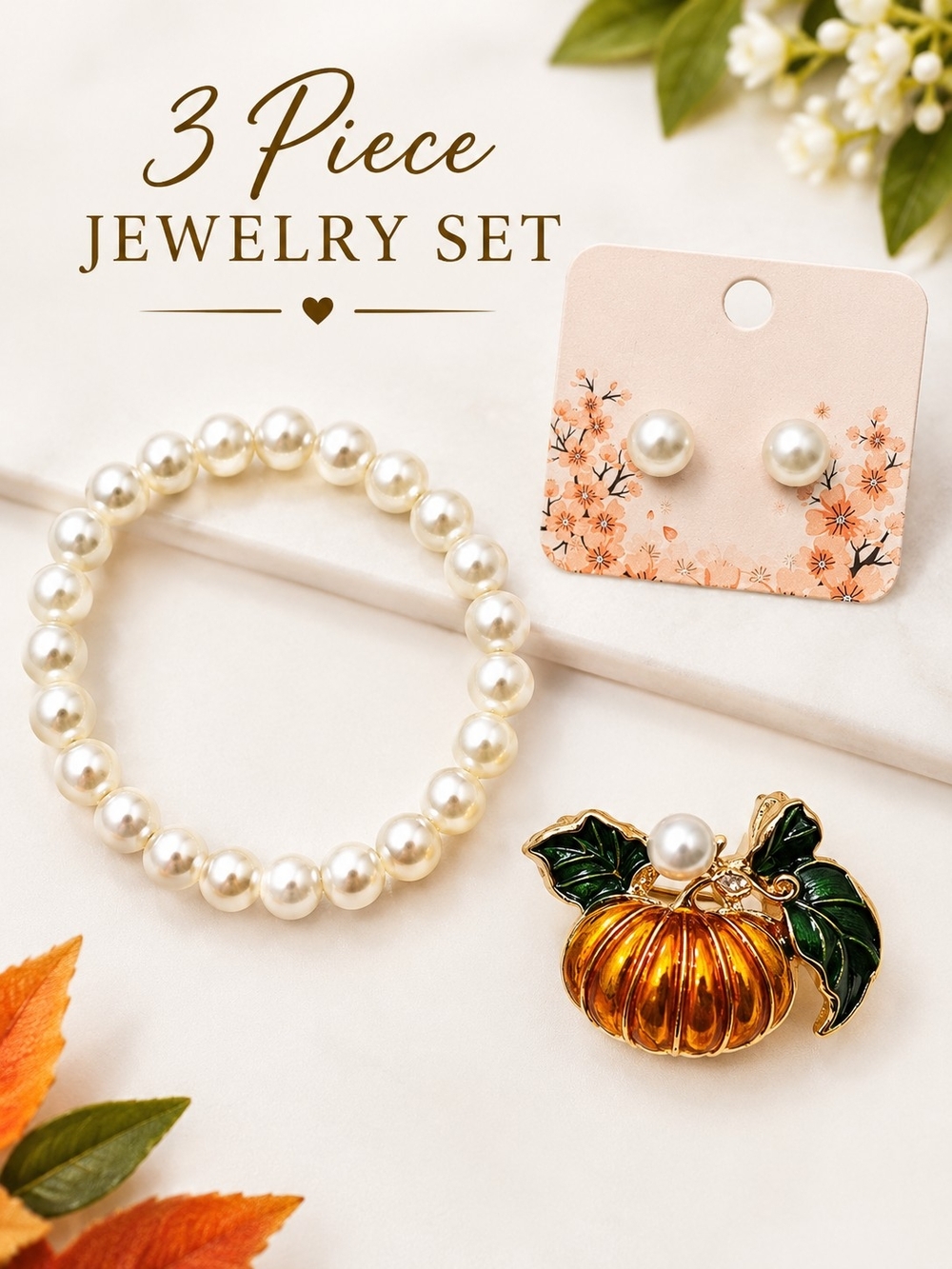 Fall Pumpkin Pendant-Brooch, Faux Pearl Bracelet & Stud Earrings (3 Piece Set)